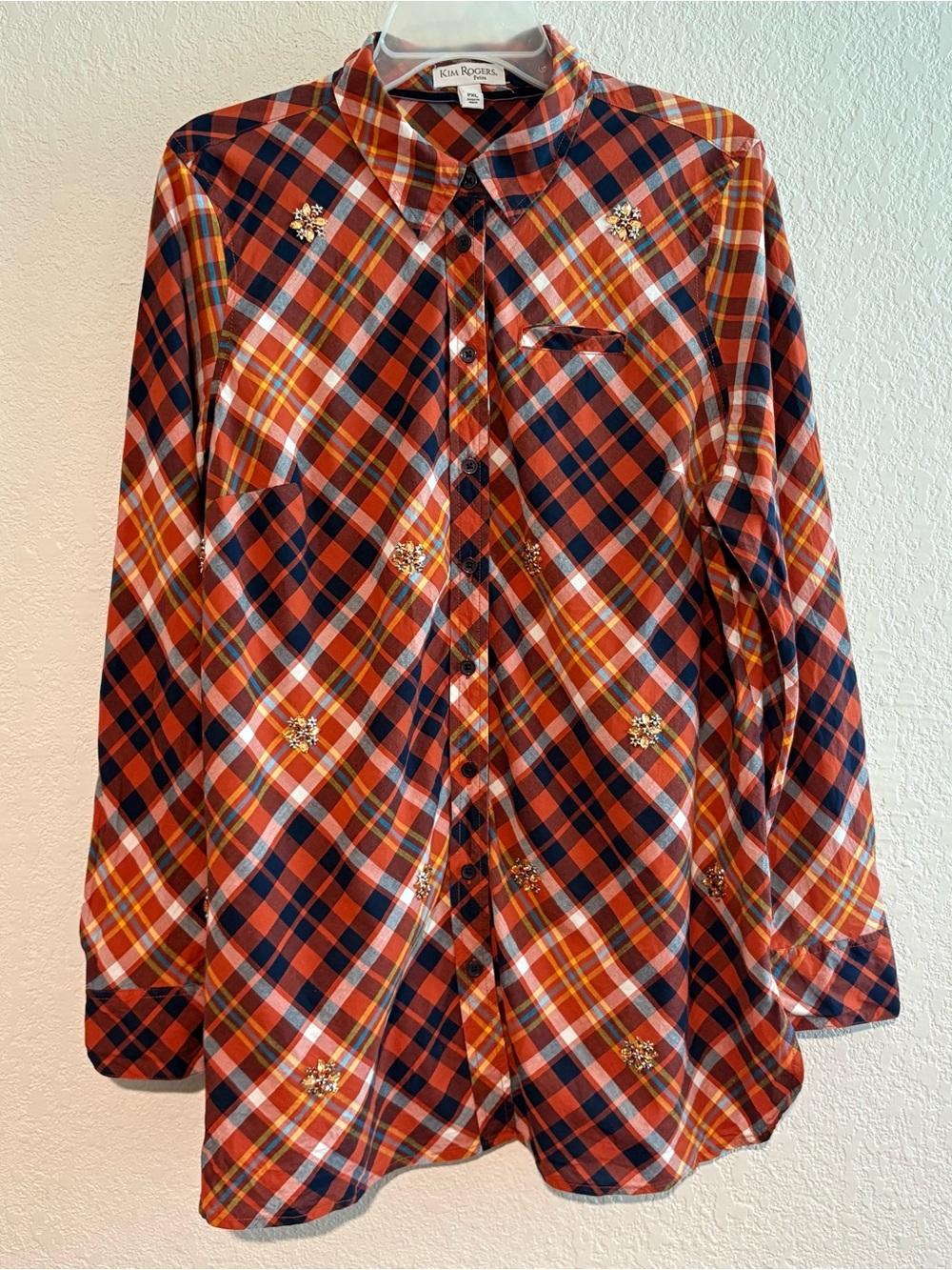 Kim Rogers Bedazzled Plaid Orange Navy Long-Sleeve Button Shirt